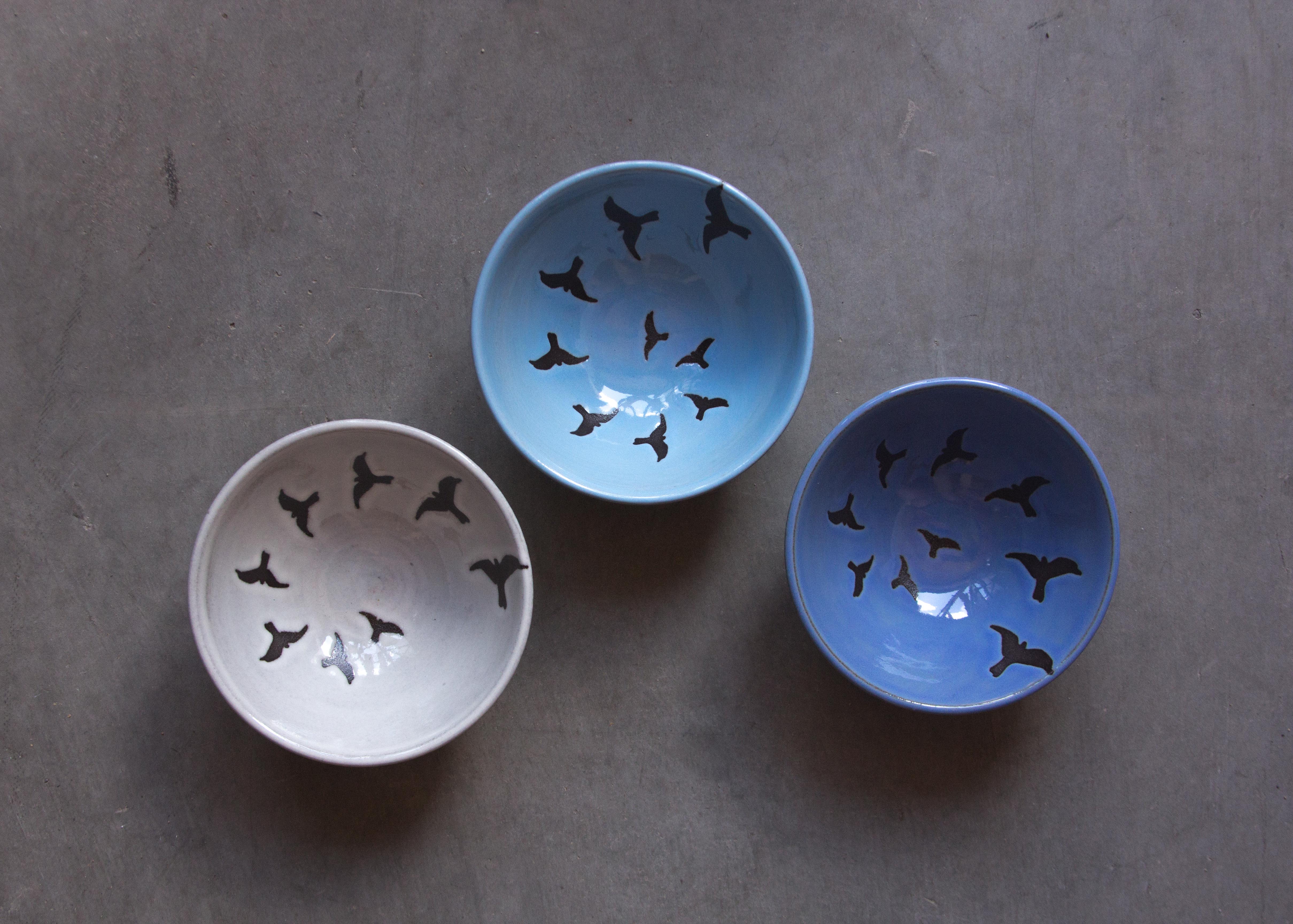 Foxtail Pottery - Tiny Bowl Nighthawk Birds Periwinkle
