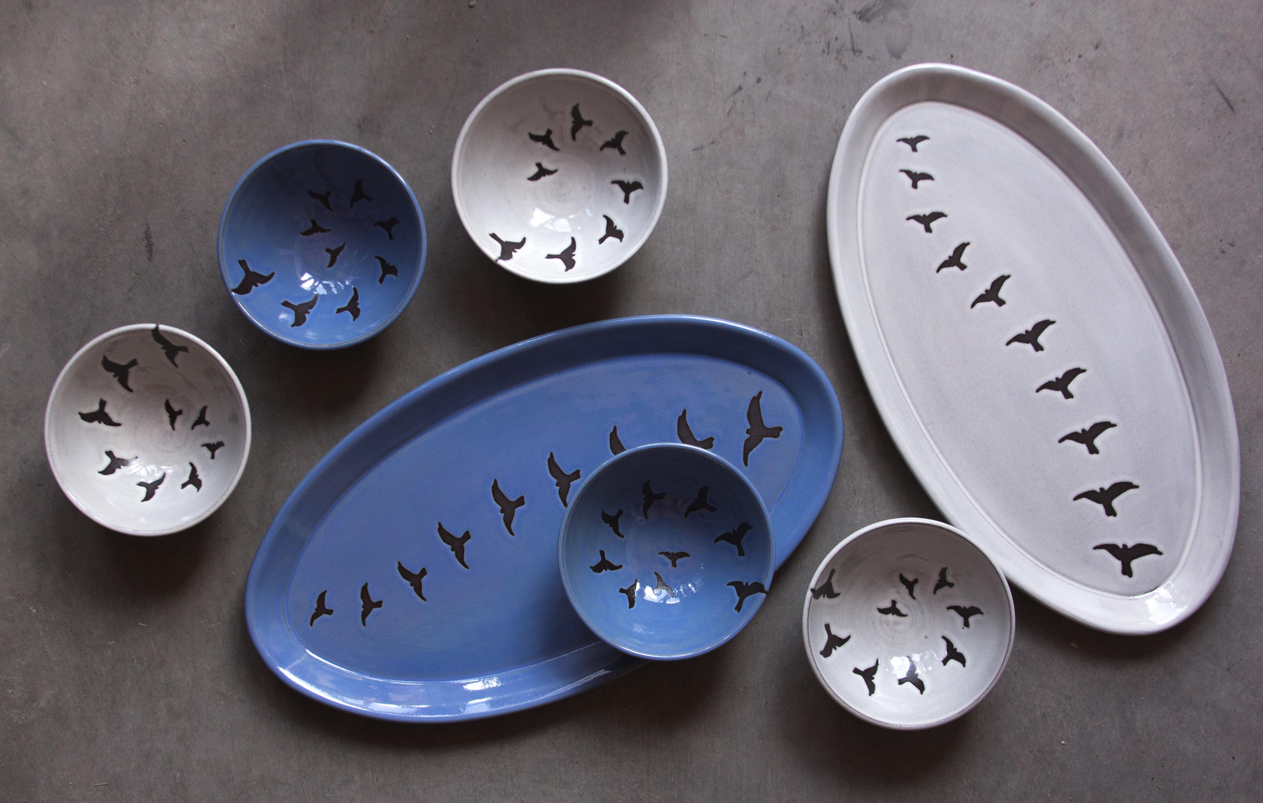 Foxtail Pottery - Tiny Bowl Nighthawk Birds Periwinkle