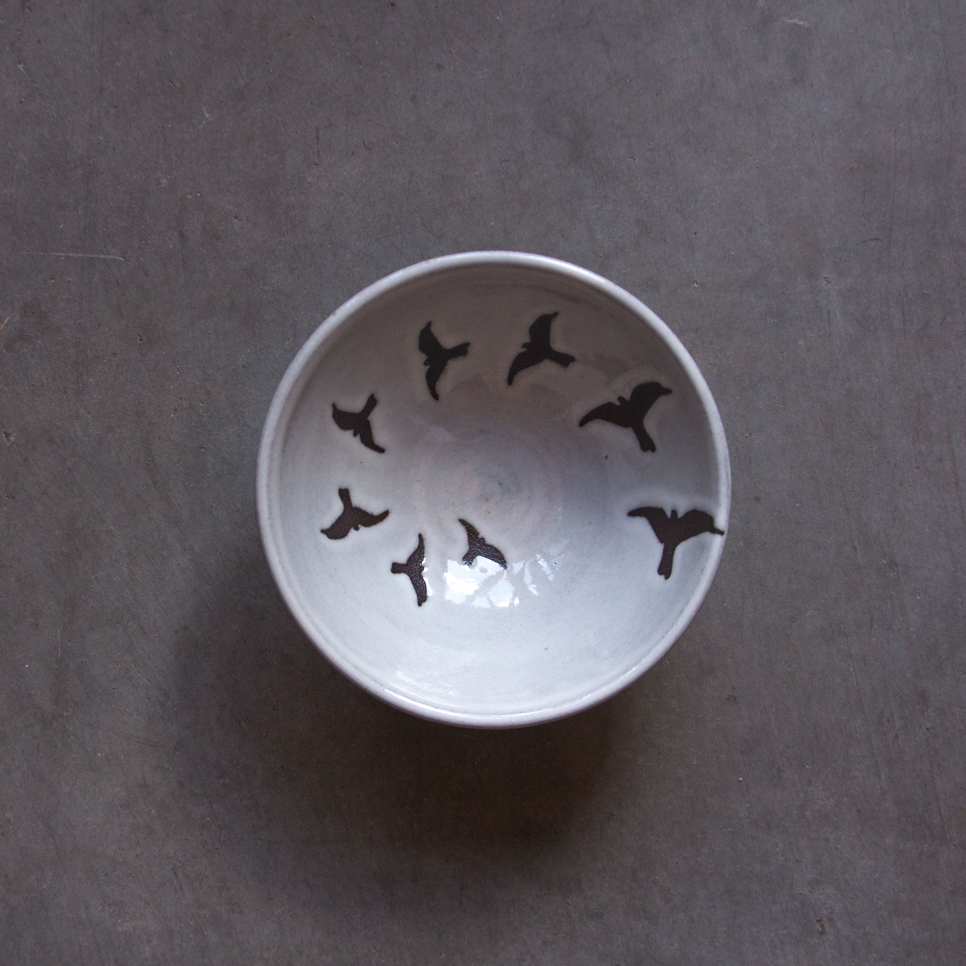 Foxtail Pottery - Tiny Bowl Nighthawk Birds Antique White